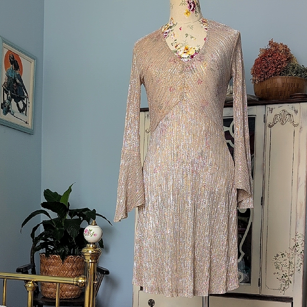 Mango Tan Gold V-neck‎ Sheath Dress with Bell Sleeves- 002